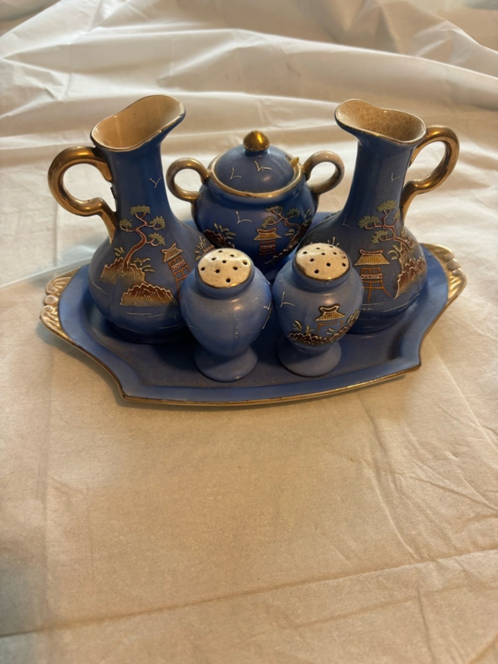 Vintage Hinde Japan Moriage Blue/Gold 6 Piece Condiment Table Set